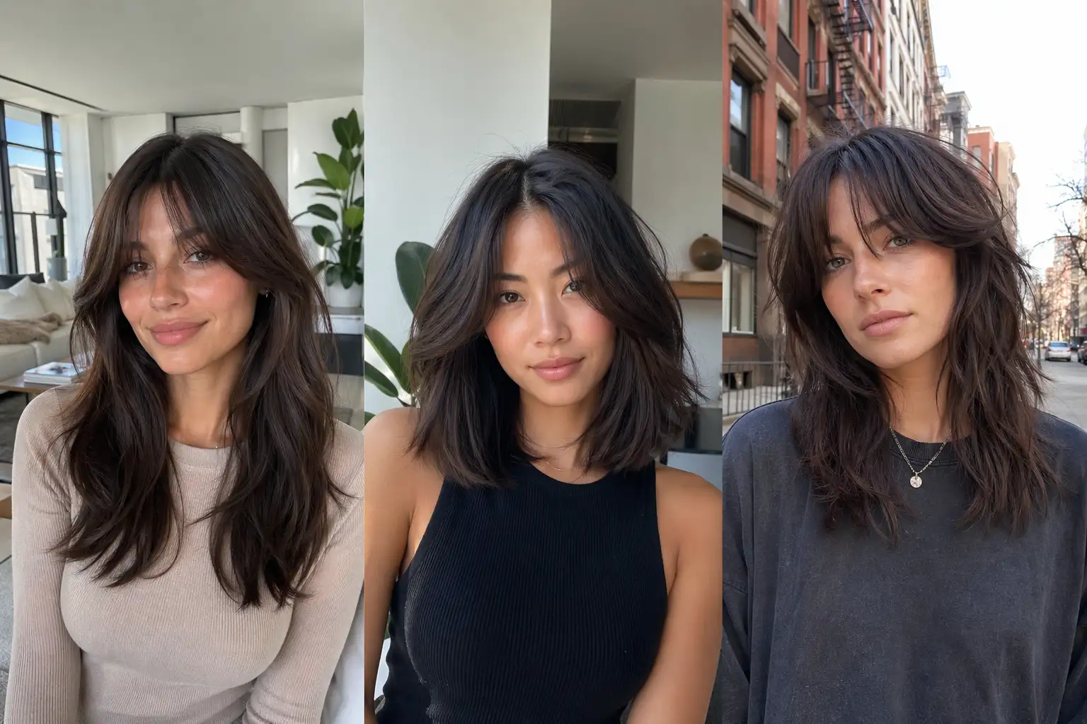 horizontal featured image showing three women with curtain bang hairstyles long layered hair soft waves lob and shag cut head to chest portraits in realistic indoor and urban backgrounds natural lighting high detail hair texture