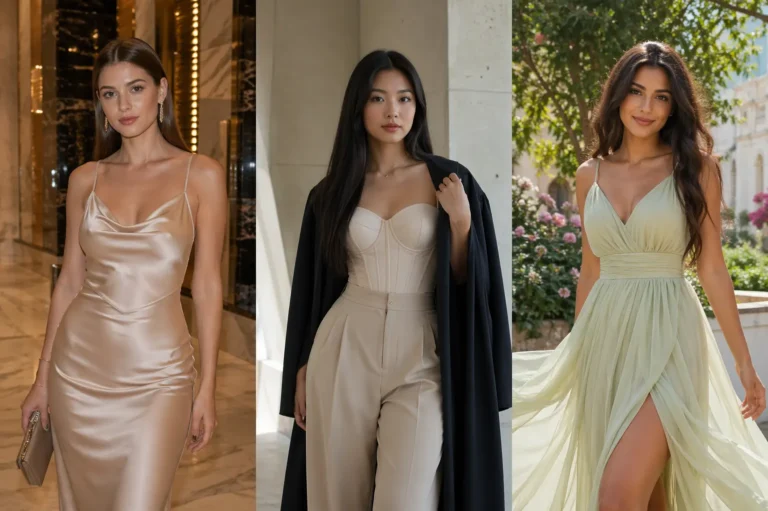 3 graduation outfit ideas collage satin slip dress corset top wide leg trousers and flowy chiffon maxi dress modern chic stylish graduation looks for women