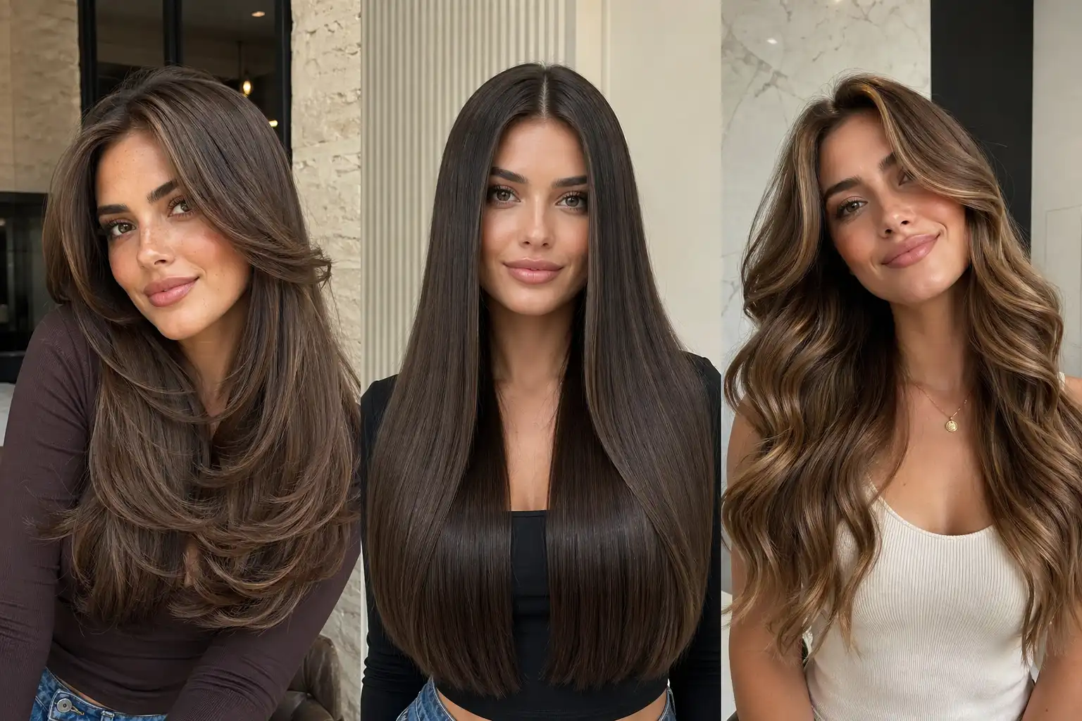blowout hairstyles collage featuring voluminous blowout sleek straight hair and soft waves glossy shiny salon fresh hair modern beauty styles high shine smooth texture luxury hair looks
