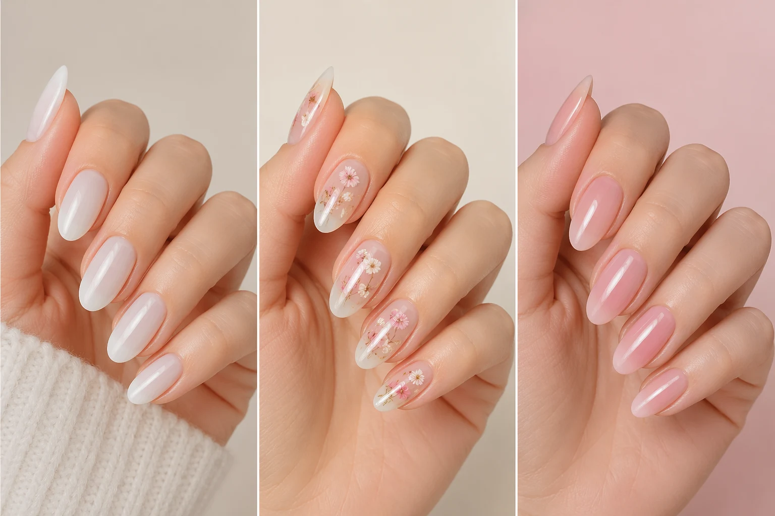 milk bath nail designs collage three styles classic milky white floral milk bath nails strawberry milk pink nails glossy almond shape clean girl aesthetic manicure 2026