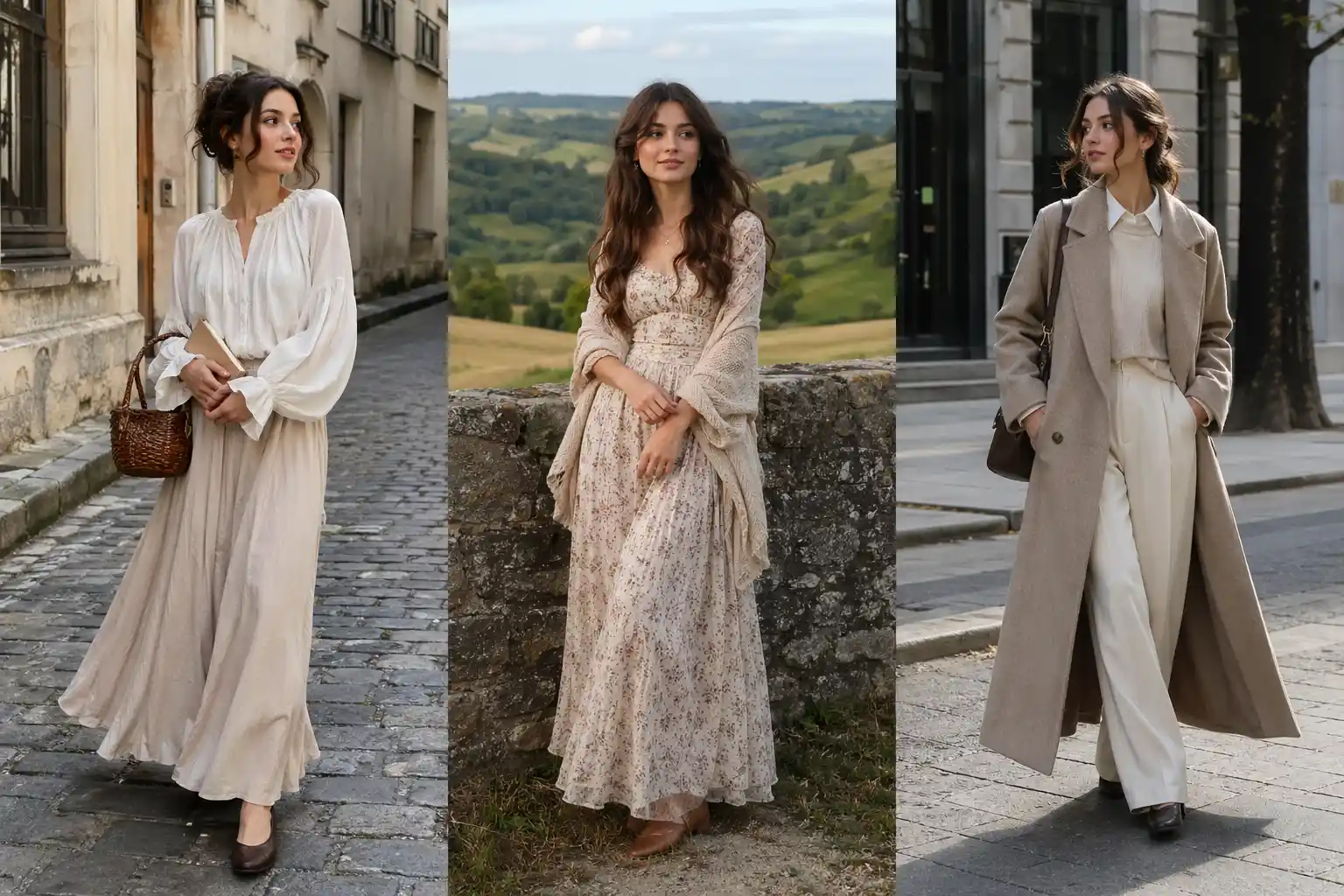 poetcore outfit ideas 3 looks full body romantic aesthetic outfits neutral tones vintage style blouse skirt floral dress shawl long coat layered outfit street and countryside backgrounds