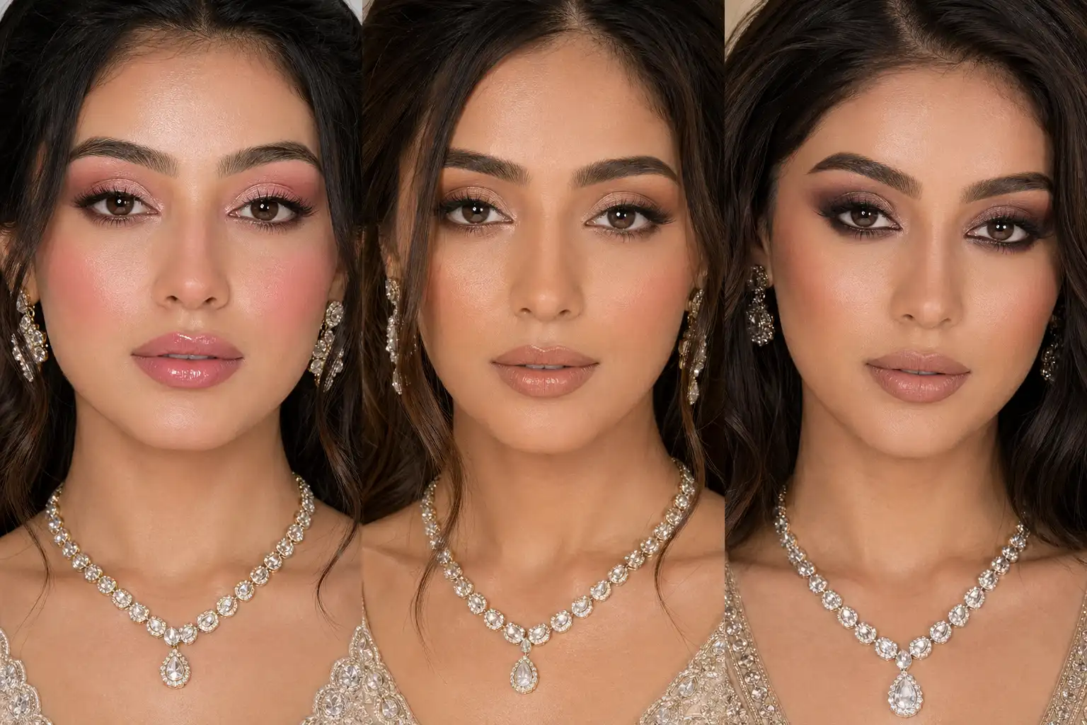 soft glam bridal makeup collage close up pink nude smokey looks glowing skin glossy lips wedding makeup inspiration