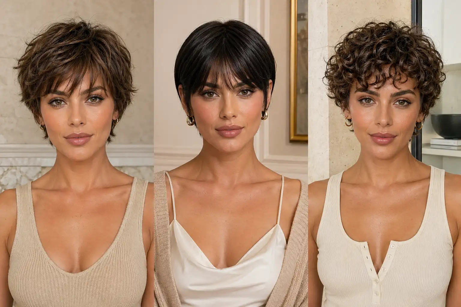 bixie haircut collage featuring three styles classic textured bixie sleek polished bixie and curly bixie short haircut ideas for women modern trendy bixie hairstyles grid