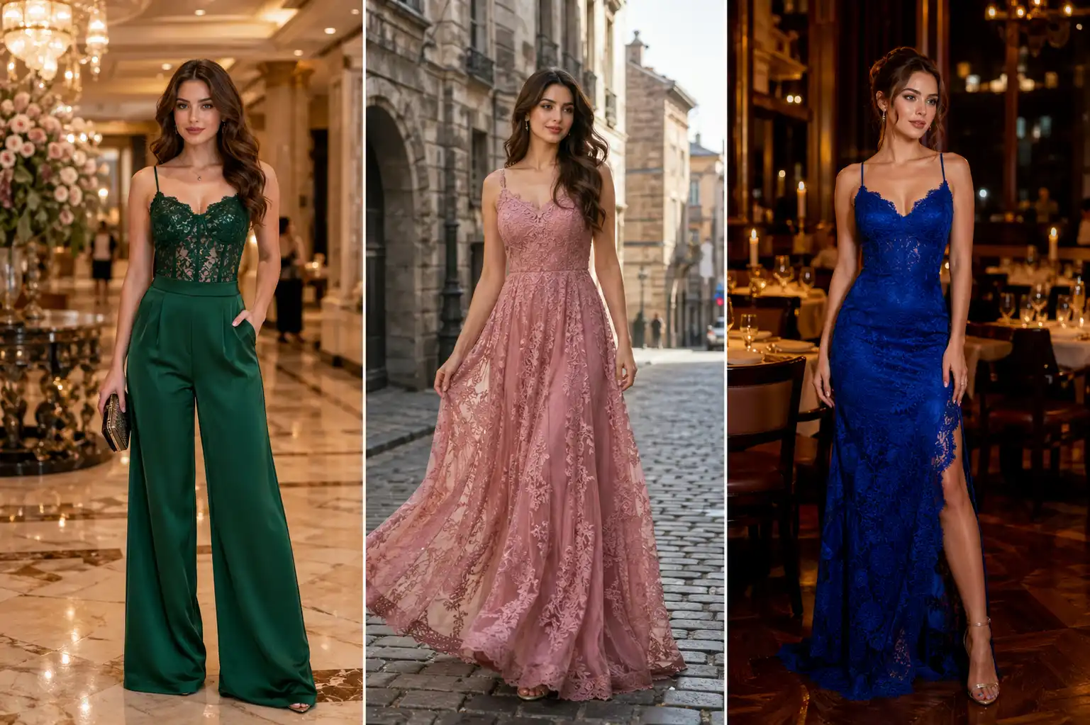 three panel lace outfit ideas collage featuring emerald green lace corset with wide leg pants in luxury hotel, dusty rose lace gown in european street, royal blue lace evening dress in restaurant setting, elegant feminine fashion inspiration, high end lace outfit ideas 2026