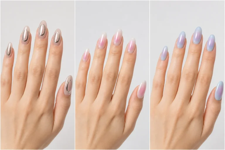 halo nail designs collage chrome halo nails soft pink aura nails lavender blue halo nails glossy almond gel nails clean minimal manicure modern aesthetic trending nail designs pinterest style