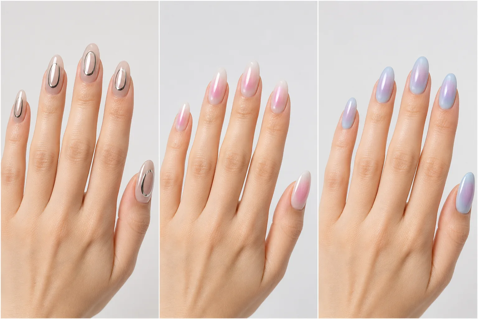 halo nail designs collage chrome halo nails soft pink aura nails lavender blue halo nails glossy almond gel nails clean minimal manicure modern aesthetic trending nail designs pinterest style