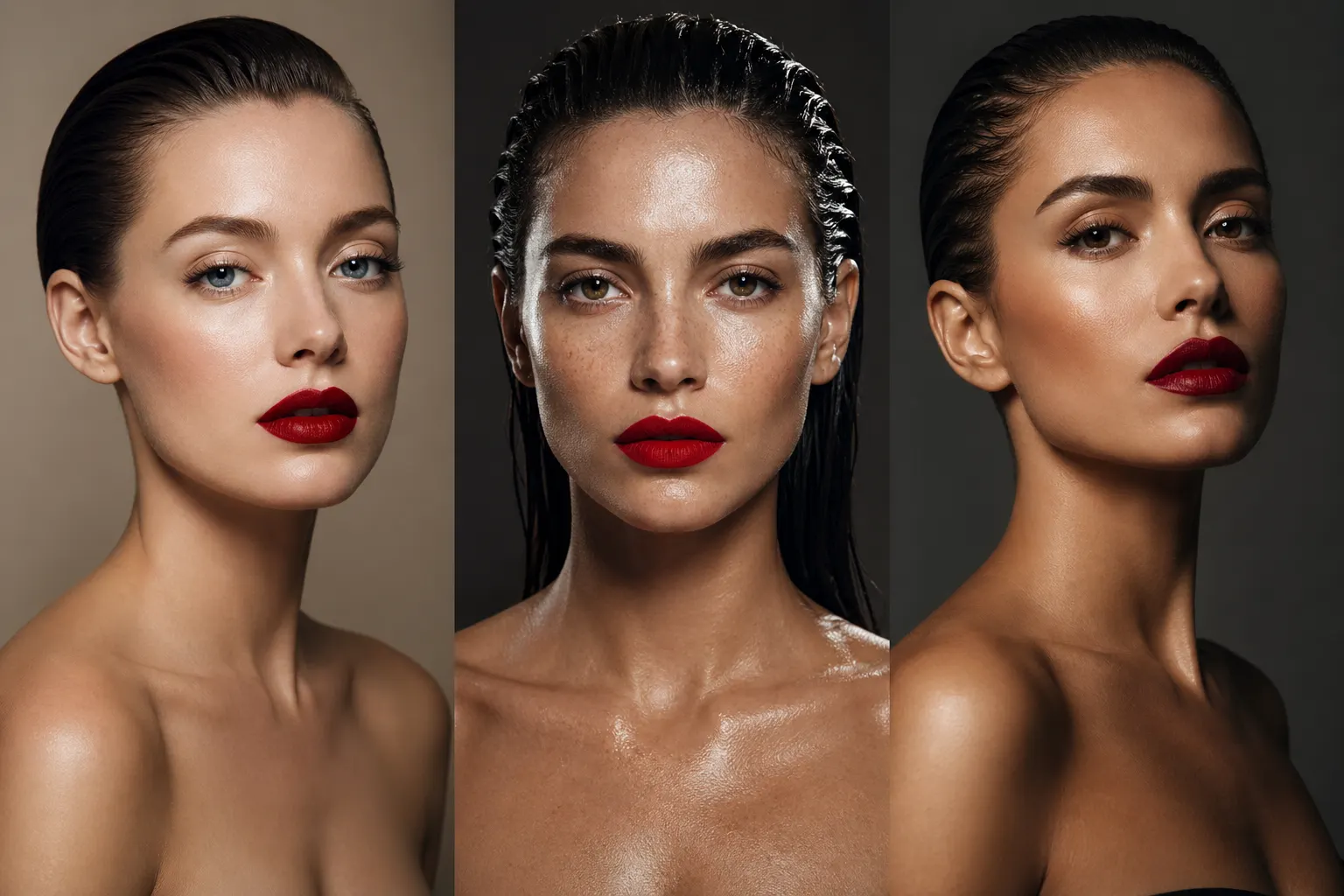 Three-panel red lip looks collage featuring women with bold red lipstick and slicked-back hairstyles, including classic low bun, wet look hair, and sculpted glam finish, flawless glowing skin, high-end editorial lighting, neutral and dark backgrounds, modern power glam makeup inspiration with strong facial definition and luxury aesthetic.