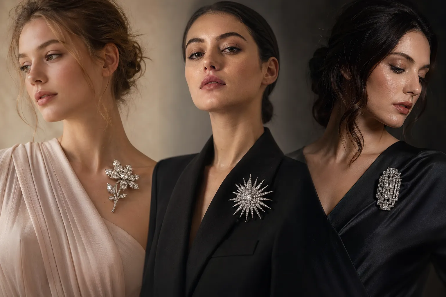 Three elegant female models styled in a horizontal editorial layout wearing vintage crystal brooch ideas on dresses and blazers, including floral, starburst, and Art Deco designs, soft studio lighting, luxury fashion styling, high-end 2026 brooch trend inspiration