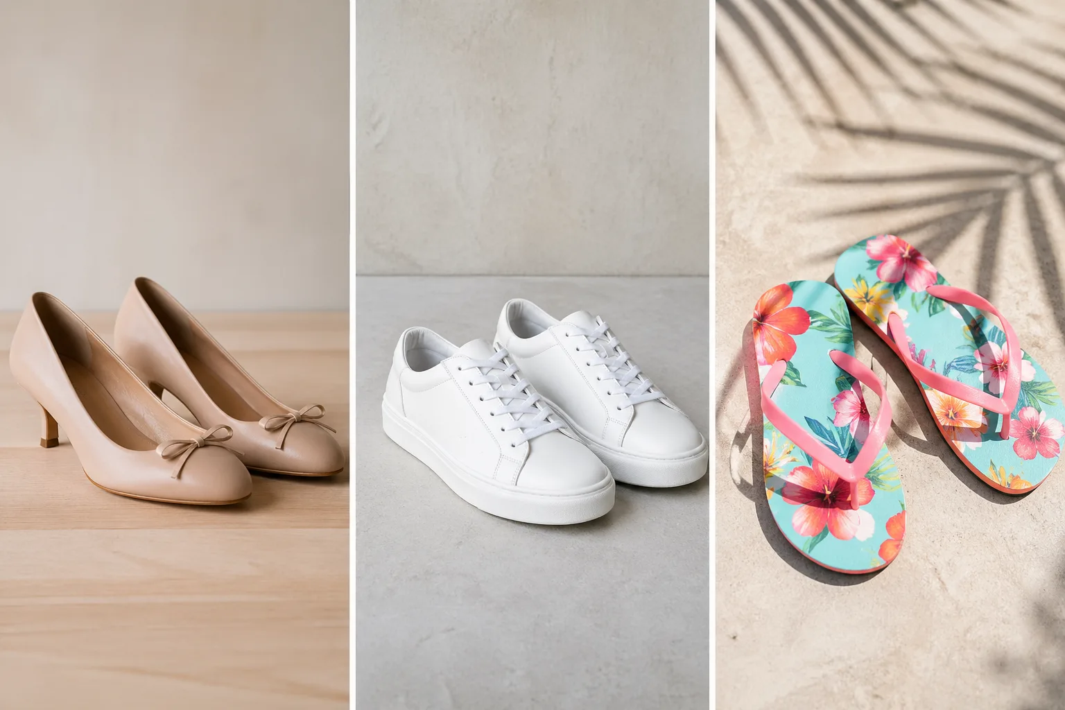 Three panel grid featuring beige ballet heels on wooden surface, clean white minimal sneakers on neutral background, and colorful floral flip flops on sunlit stone floor, modern spring shoe trends showcasing minimalist, casual, and vibrant footwear trends in one aesthetic composition