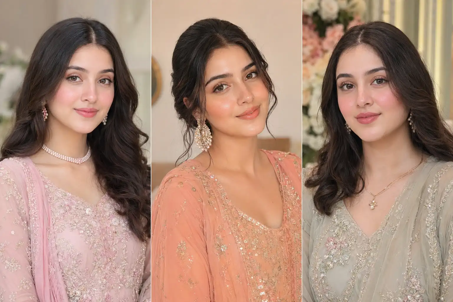 3 panel bridesmaid blush looks collage with soft rosy glow, peach dewy blush and natural pink blush, Pakistani bridesmaids in pastel outfits, face to chest portraits, salon lighting, flawless glowing skin