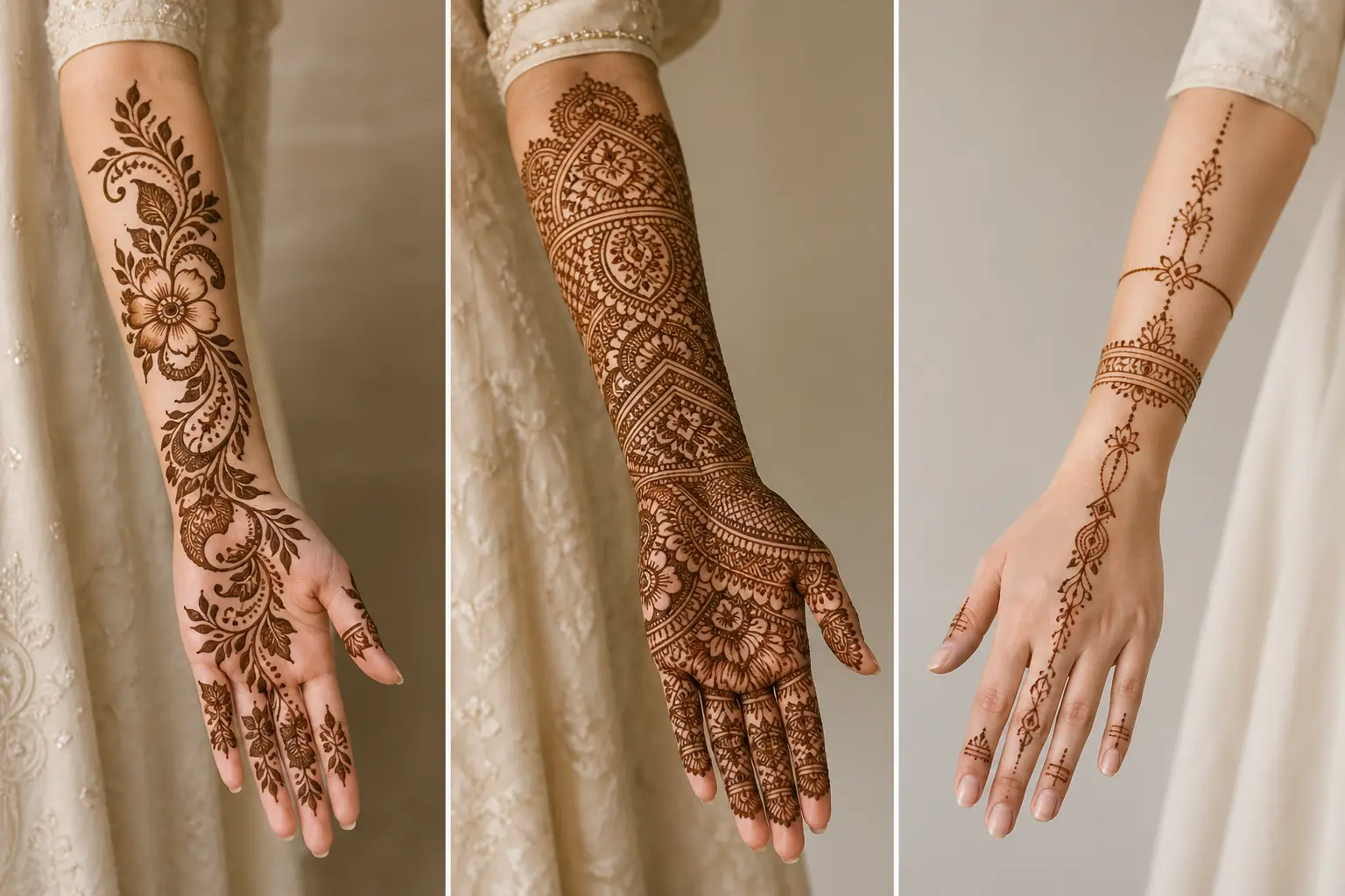 horizontal featured image showing three bridal full sleeve mehndi designs in a clean grid layout, left side Arabic floral flowing mehndi, center heavy traditional intricate mehndi, right side minimal modern mehndi design, all hands from fingertips to elbow with clear detailed henna patterns, soft neutral background, professional bridal photography style