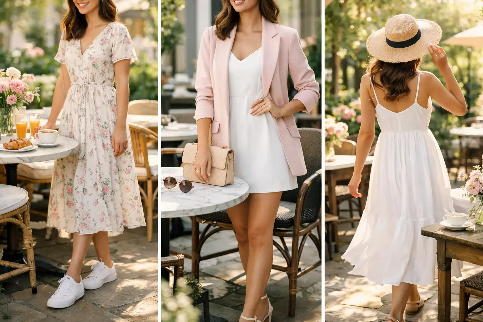 Three stylish Spring Brunch Outfit Ideas shown in a horizontal collage featuring a floral midi dress with sneakers, a pastel blazer with a mini dress, and a white sundress with straw hat at a sunny outdoor café setting