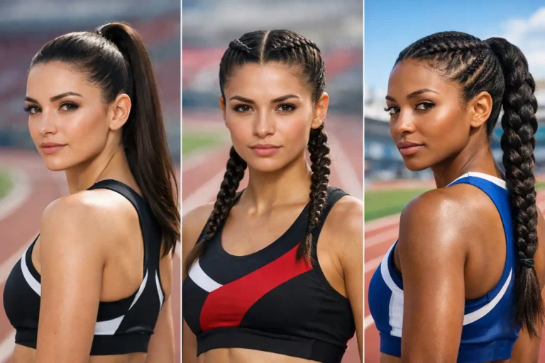 Collage of Track Hair Inspo female track athletes showing sleek ponytail, boxer braids, and braided ponytail hairstyles on stadium running track, sporty hair inspo for runners and athletic training looks