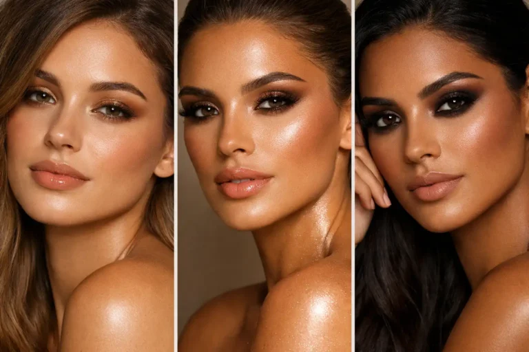 Latte makeup collage featuring three stunning soft glam looks with caramel eyeshadow glowing bronzed skin and nude lips creating a warm coffee inspired beauty aesthetic trending on Pinterest makeup boards.