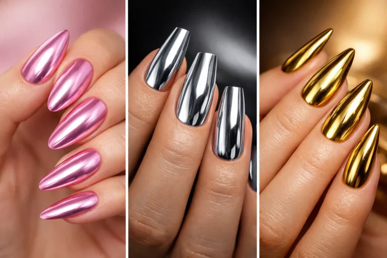 Chrome nail ideas collage featuring pink chrome nails, silver chrome nails, and gold chrome nails with mirror metallic shine on almond shaped manicures, glossy reflective chrome nail inspiration for trendy modern manicures