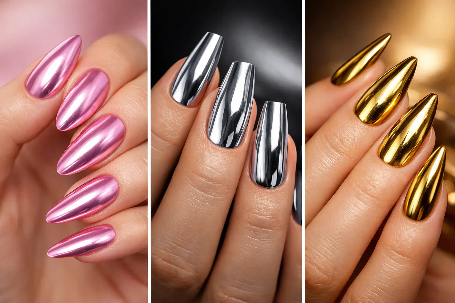 Chrome nail ideas collage featuring pink chrome nails, silver chrome nails, and gold chrome nails with mirror metallic shine on almond shaped manicures, glossy reflective chrome nail inspiration for trendy modern manicures