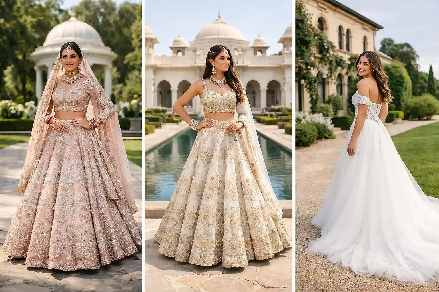 Elegant collage showing three modern Indian bridal dress including a pastel pink embroidered lehenga, champagne gold bridal lehenga, and a white bridal gown photographed in beautiful outdoor wedding venues.