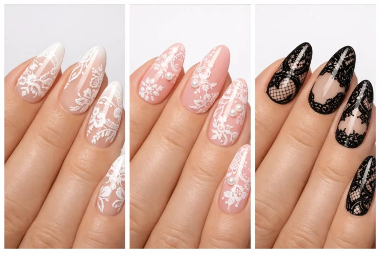 Collage of elegant lace nail designs featuring white lace manicure, pink lace nails with pearl accents, and black gothic lace nail art on almond shaped nails, glossy salon manicure showcasing trending lace nail designs and bridal nail inspiration for modern elegant nail styles