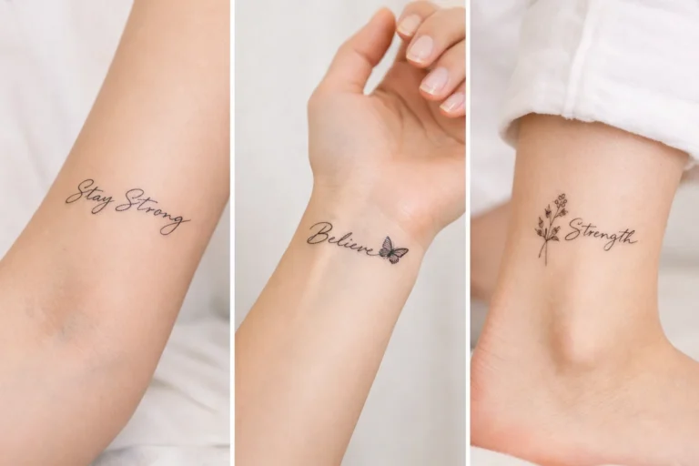Minimal strength tattoos for women on wrist and ankle featuring Stay Strong Believe and Strength script designs, delicate feminine word tattoos trending on Pinterest for empowering tattoo ideas.