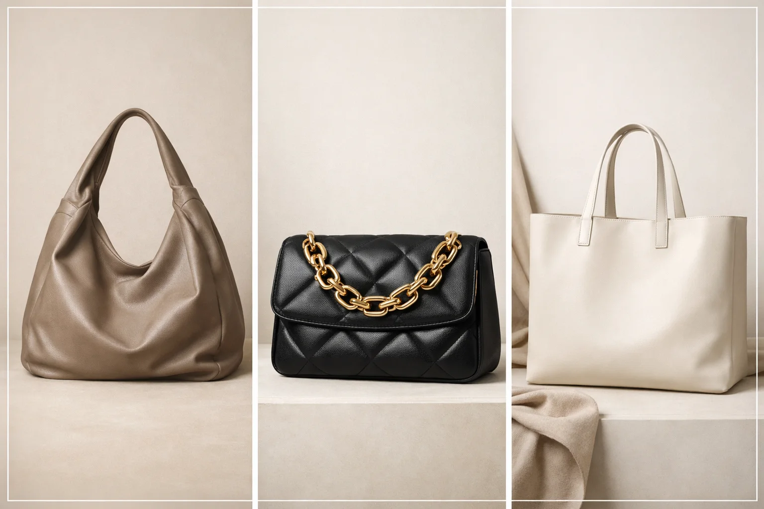 Stylish collage featuring three handbag trends including slouchy hobo bag, chain handle quilted handbag, and minimalist tote bag representing top handbag trends for women fashion 2026.