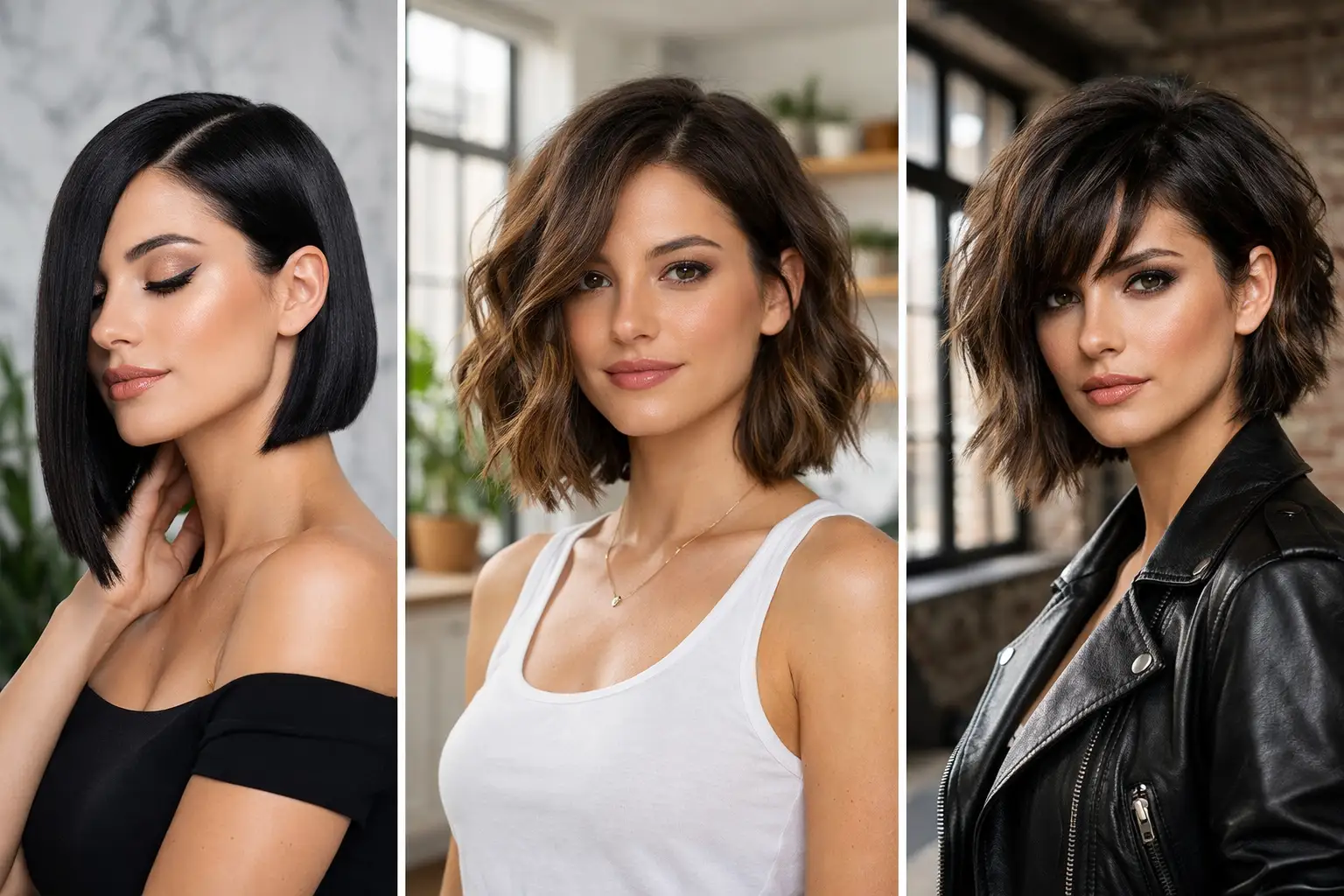 Collage of three women with stylish asymmetrical lob hairstyles including sleek straight lob, soft wavy lob, and textured choppy lob, modern haircut inspiration photoshoot.