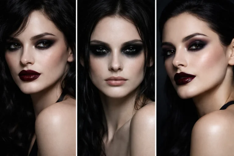 Dark romantic makeup collage featuring three dramatic beauty looks with burgundy lips smoky eyes porcelain skin and elegant gothic glam aesthetic perfect for dark feminine makeup inspiration