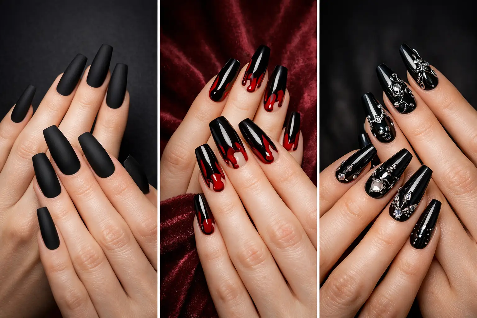 Gothic coffin nail designs featuring matte black nails, red blood drip nail art, and rhinestone gothic manicure on long coffin shaped nails perfect for dark glam nail inspiration.