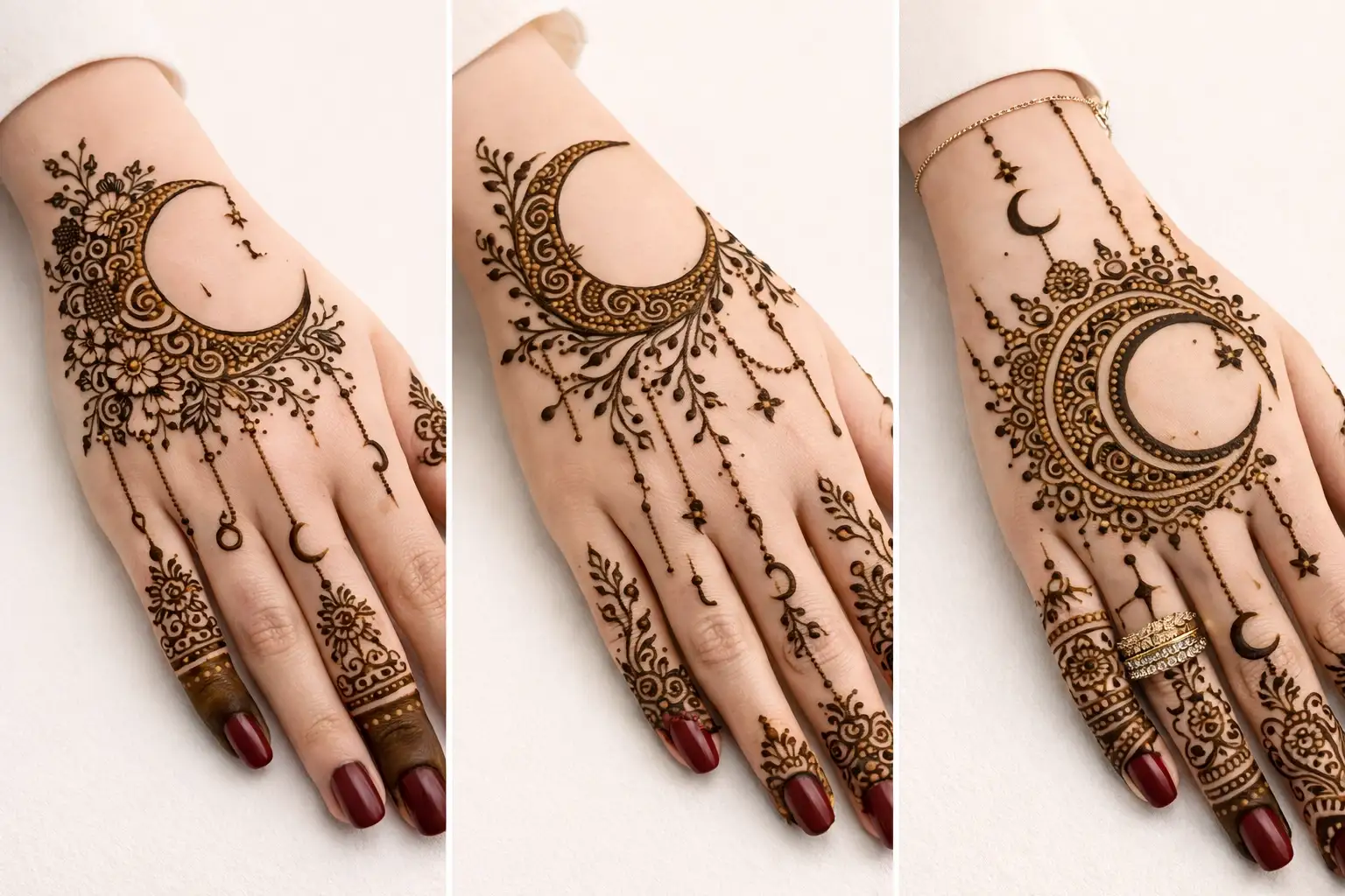 Collage of three elegant side moon mehndi designs on the back of the hand featuring floral crescent patterns, delicate chains, and Arabic henna details perfect for Eid, weddings, and festive occasions.