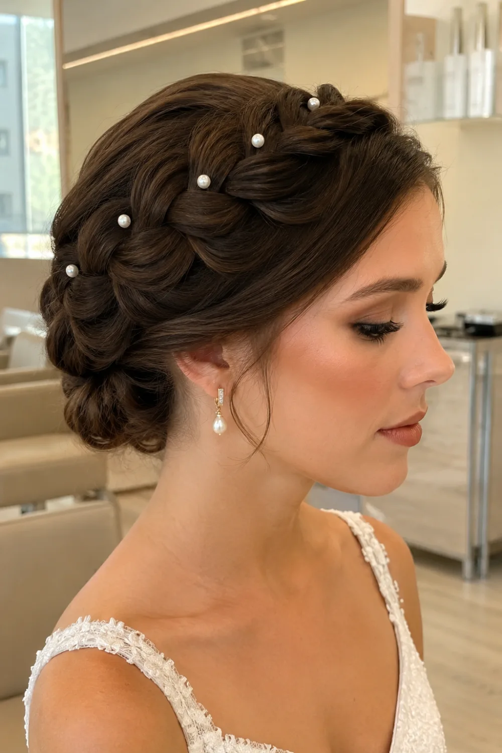 Elegant pearl crown braided updo hairstyle with smooth woven crown braid, polished low bun, glossy brunette hair, and delicate pearl accents for weddings, receptions, and formal occasions.