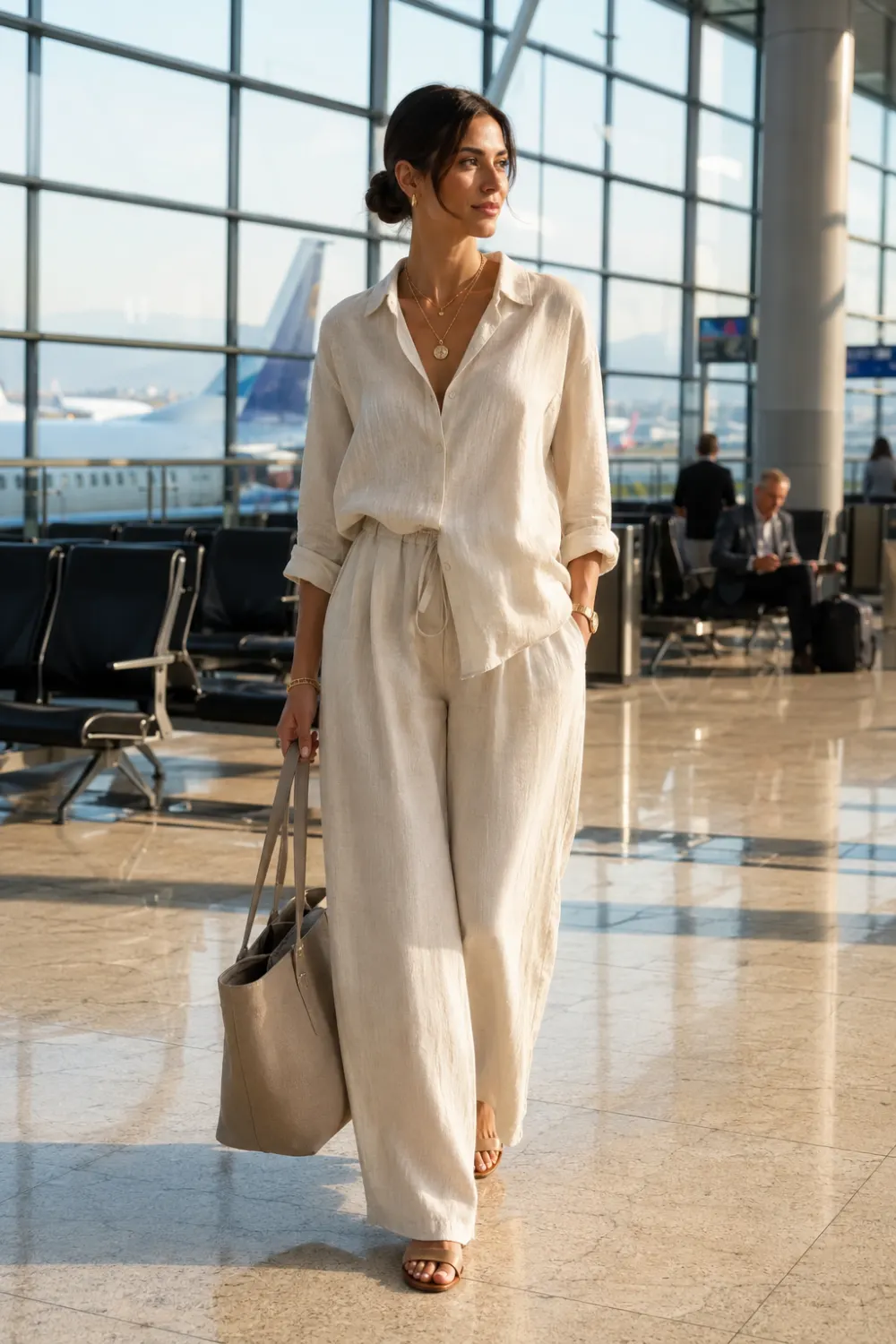 Woman wearing a classy cream linen co-ord airport outfit with an oversized linen button-down shirt, flowy wide-leg pants, neutral tote bag, and minimal sandals while walking through a modern luxury airport terminal with large glass windows and polished marble floors during summer travel 2026