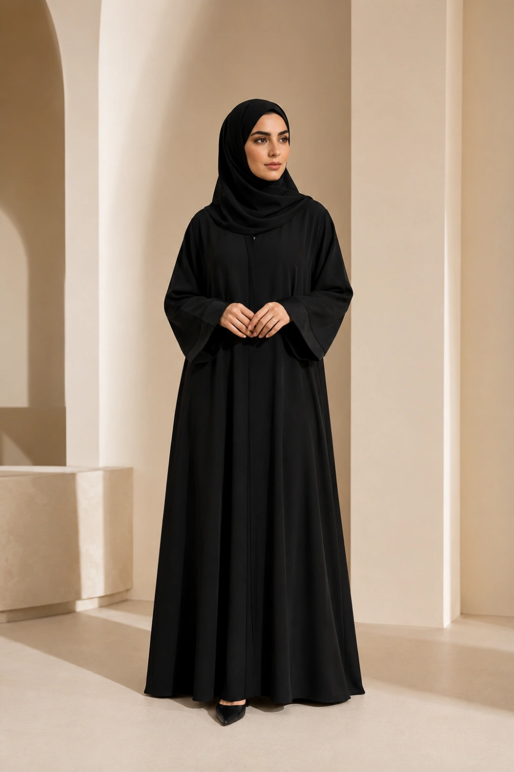 Elegant Muslim woman wearing flowing black nida abaya with matching hijab in luxury minimalist modest fashion style full body pose indoors with soft neutral aesthetic background