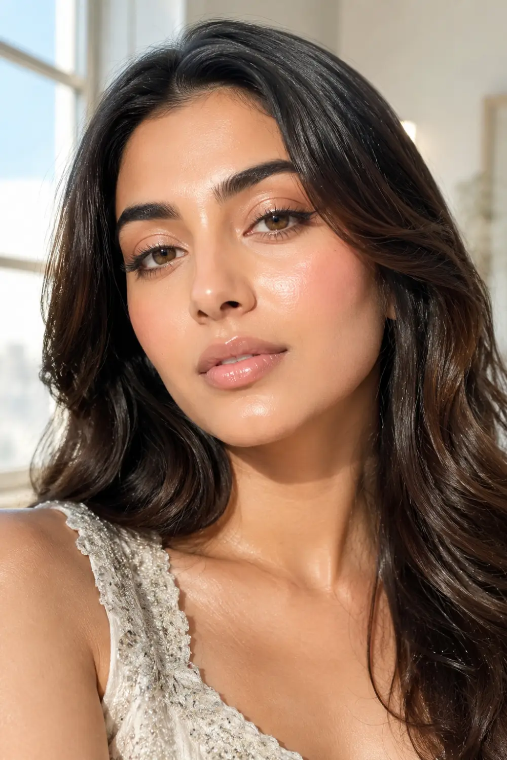 South Asian woman wearing soft natural dewy glam makeup with radiant glowing skin glossy nude lips peach blush soft shimmer eyelids fluffy brows and loose voluminous waves in bright natural daylight beauty portrait