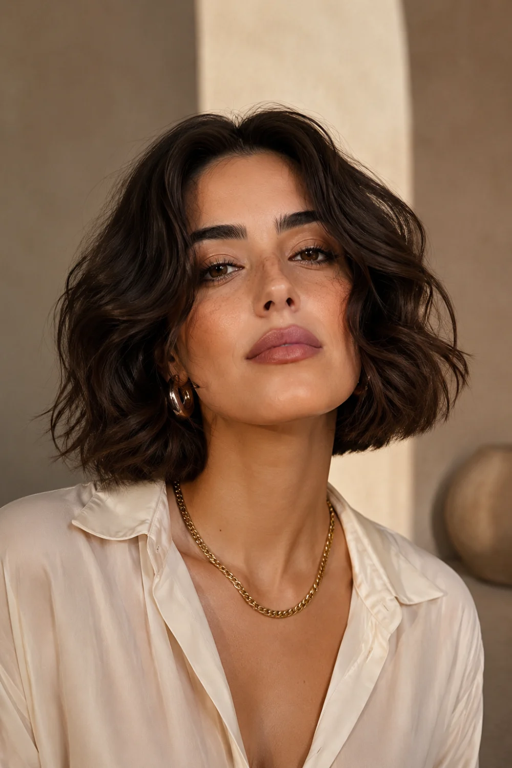 Soft brunette wavy bob hairstyle with loose textured waves, glossy dark brown hair, chin-length bob cut, soft layered movement, and elegant volume styling for trendy 2026 short hair inspiration.
