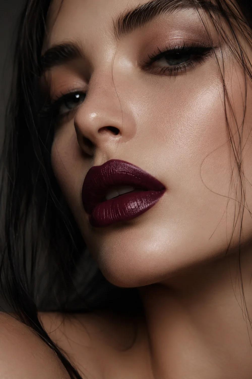 Ultra realistic close-up beauty portrait of a woman wearing deep black cherry plum lipstick with a soft satin finish, glowing flawless skin, smoky brown eye makeup, feathered brows, and dark feminine beauty styling. Moody cinematic lighting, luxury editorial makeup aesthetic, rich berry plum lip color, and elegant dark romance beauty trend inspiration for 2026.