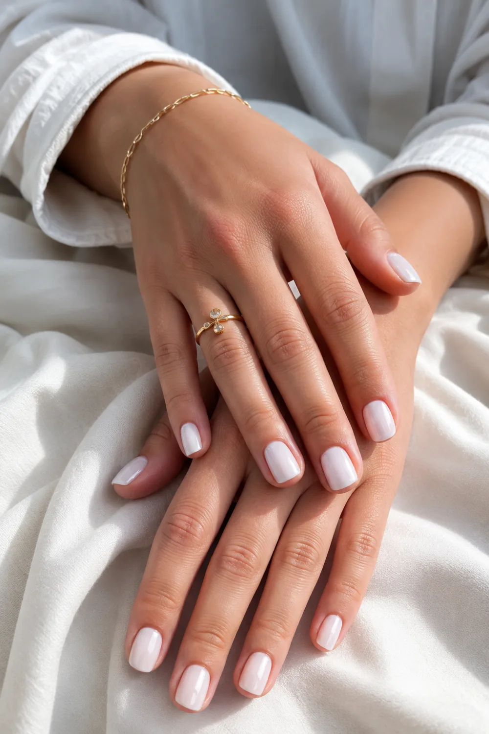 Ultra realistic feminine hands with short glossy milky white nails, soft neutral luxury styling, minimal gold jewelry, cozy cream fabric background, and elegant clean girl manicure aesthetic.