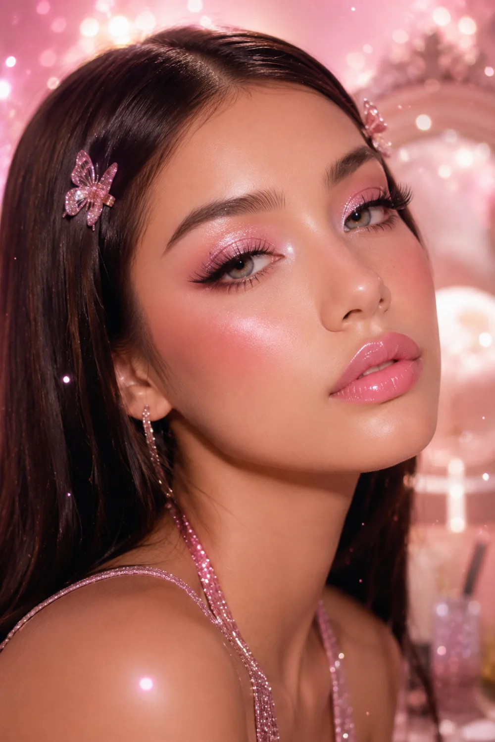 Close-up glamorous frosted pink Y2K makeup look featuring glossy pink lips, shimmering icy pink eyeshadow, glowing glass skin, butterfly hair clips, fluffy lashes, radiant blush, and dreamy early-2000s retro beauty aesthetics with soft feminine glam styling.