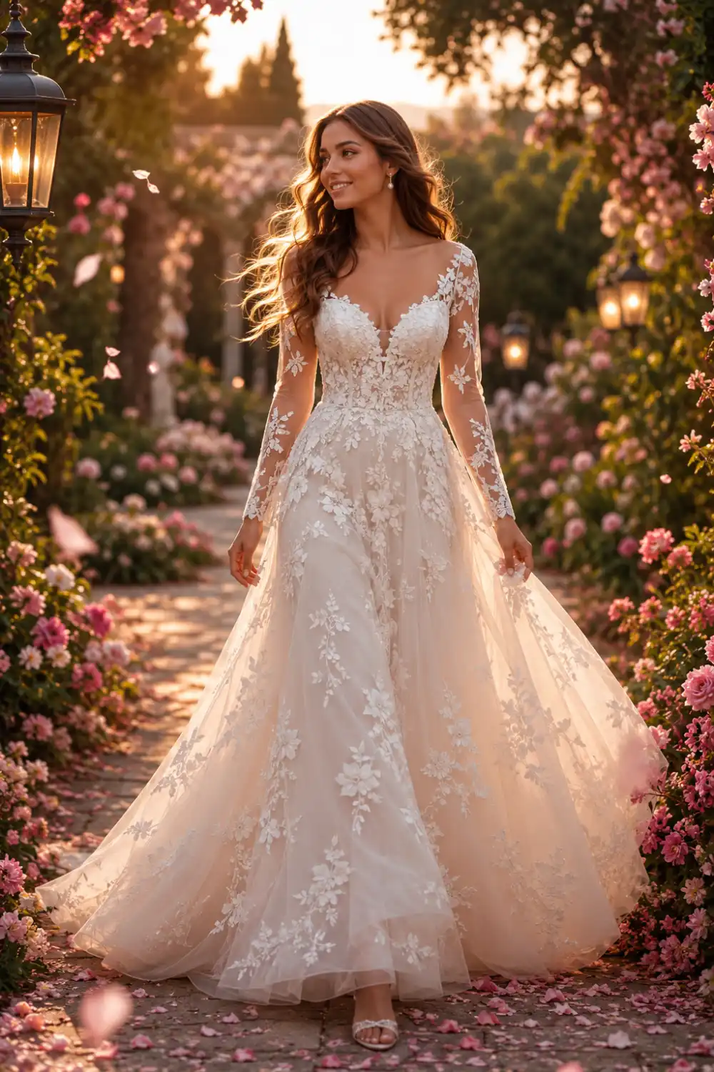 Romantic floral lace A-line wedding dress with sheer embroidered sleeves, delicate floral appliqués, flowing tulle skirt, and elegant bridal train worn by a beautiful bride walking through a dreamy luxury garden filled with flowers and warm sunset lighting.