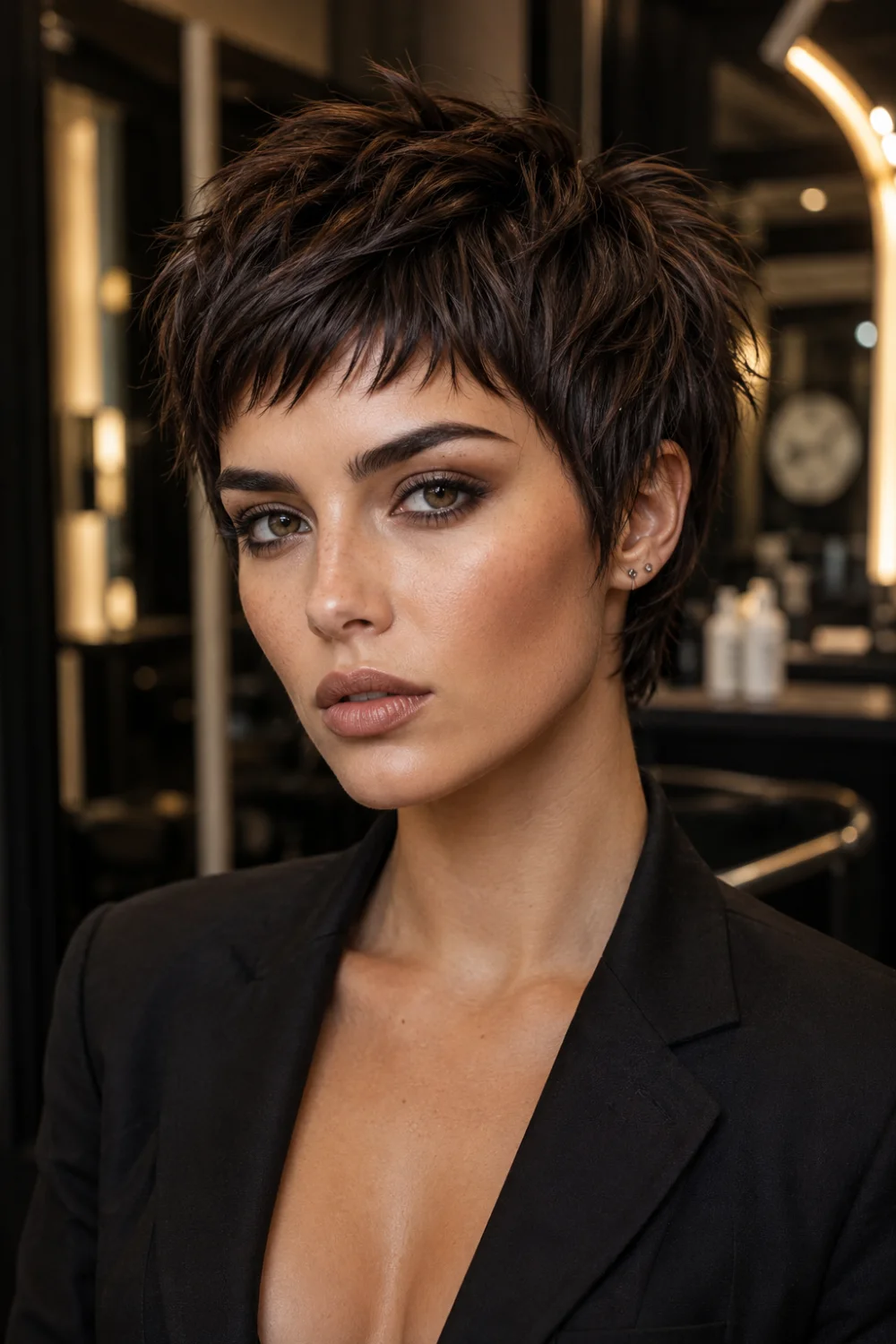 Dark brunette textured pixie cut with messy choppy layers, soft wispy fringe, and voluminous short hair styling in a luxury modern salon with warm lighting and glamorous beauty aesthetic.