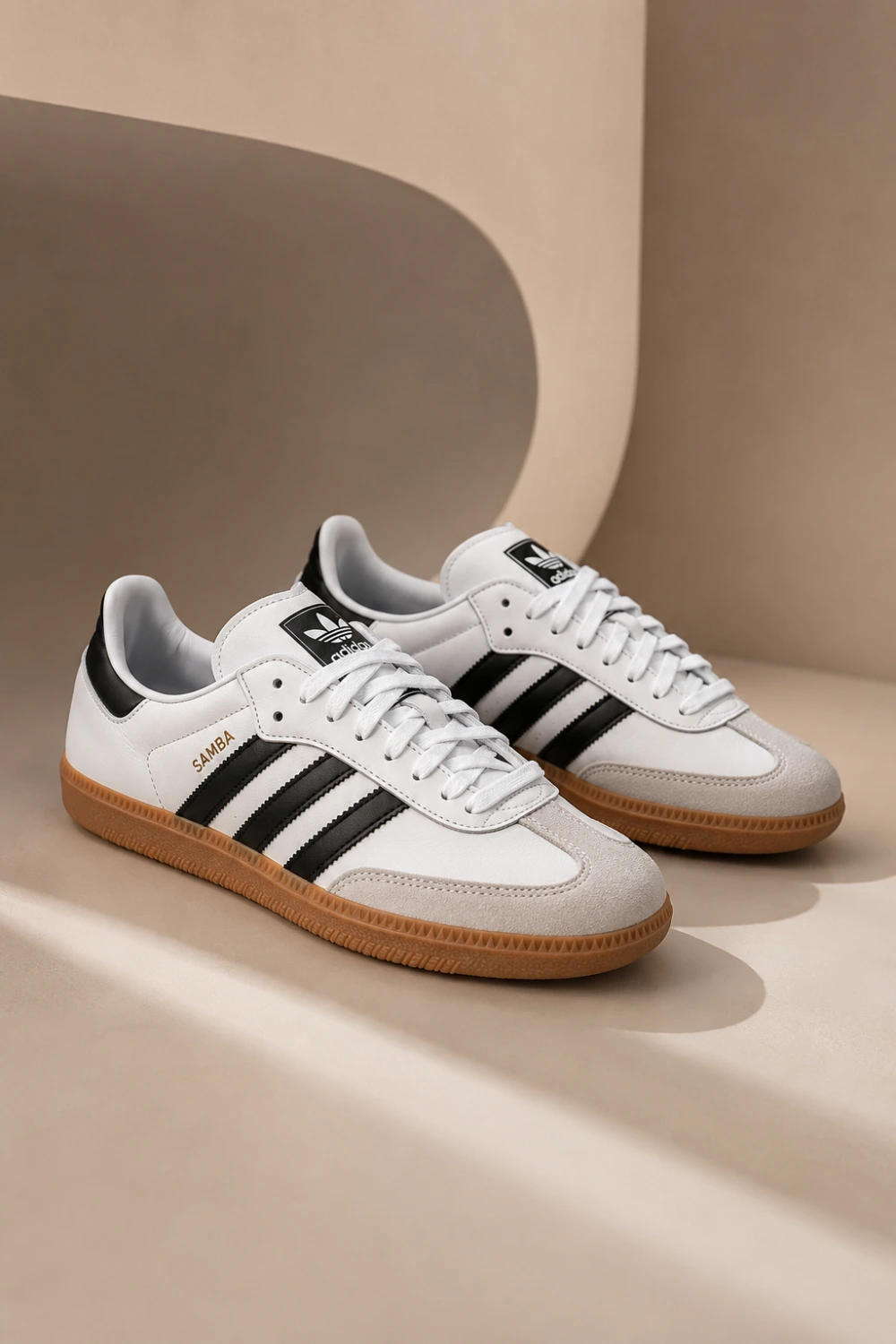 White and black Adidas Samba women sneakers with classic gum sole, retro leather design, and minimalist neutral aesthetic styled for trendy everyday outfits, casual streetwear looks, clean girl fashion, and Pinterest sneaker inspiration in 2026.