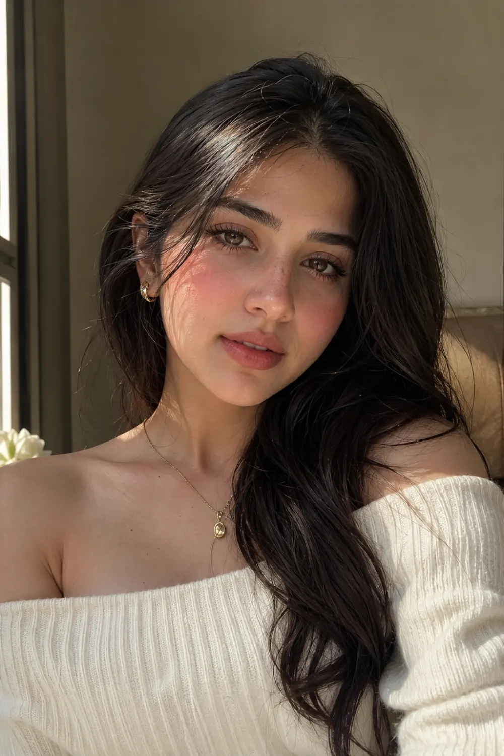 Soft strawberry gummy blush makeup look on a cute Pakistani girl with glowing glass skin, glossy nude pink lips, feathered brows, soft glam eyeshadow, loose dark waves, cozy cream sweater, and fresh clean girl beauty aesthetic.