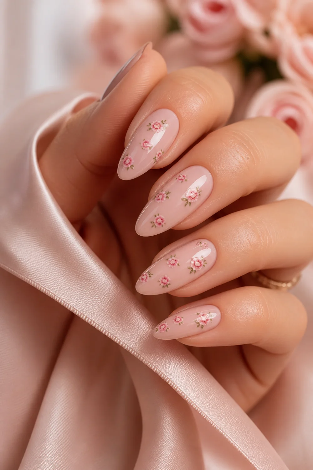 soft blush nude almond nails with tiny micro rose floral nail art, glossy gel finish, delicate pink petals, feminine elegant manicure, close up beauty shot