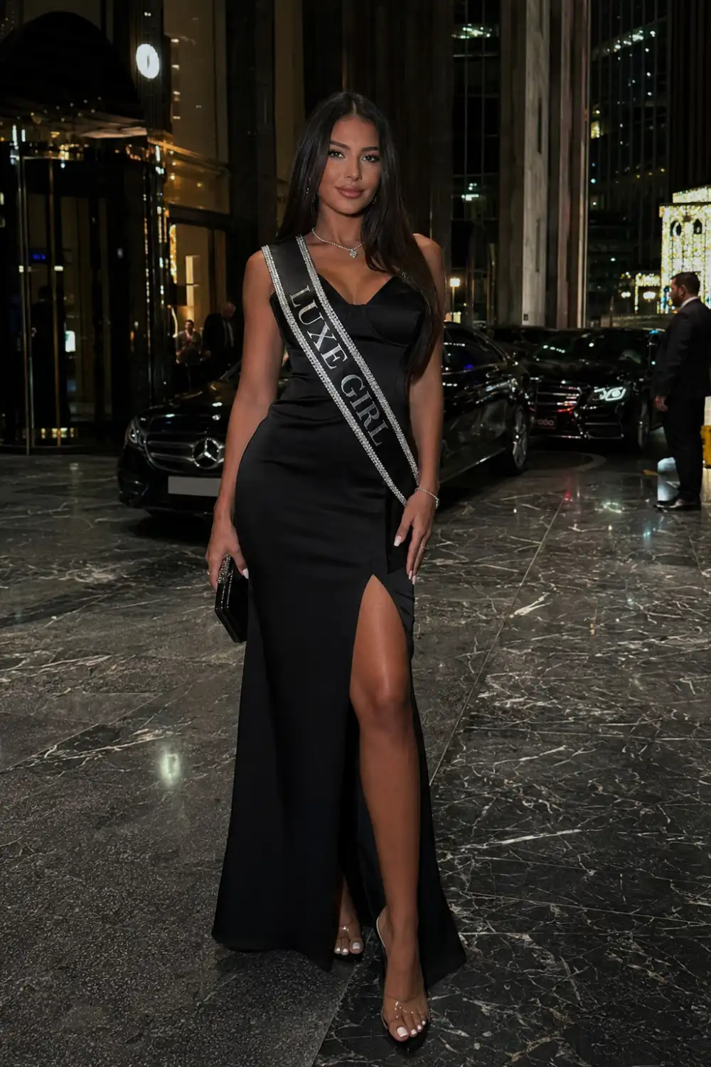 Luxury black rhinestone prom sash worn with an elegant black satin evening gown at a glamorous hotel entrance with sparkling city lights and classy high-fashion party styling