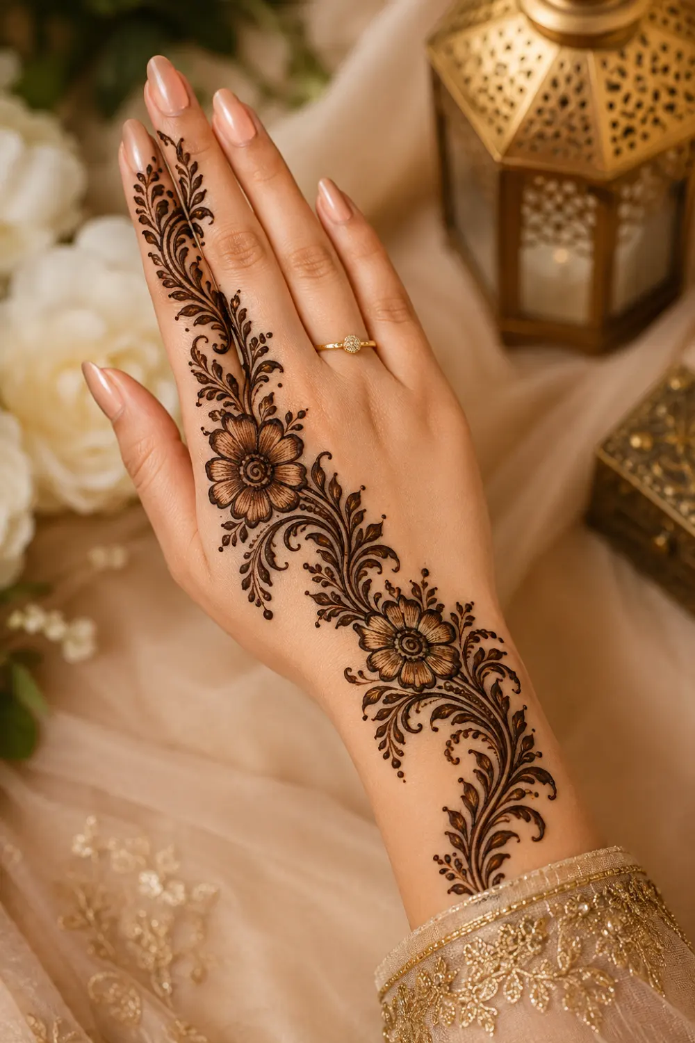Elegant floral vine mehndi design for Eid ul Adha 2026 featuring modern Arabic henna patterns, leafy trails, floral details, nude nails, and classy festive hand styling.