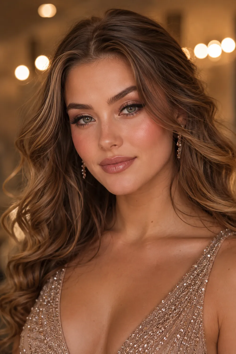 Soft glam prom makeup with glossy nude lips, glowing skin, champagne shimmer eyeshadow, fluffy lashes, soft brunette curls, and elegant glam beauty look for prom night inspiration.