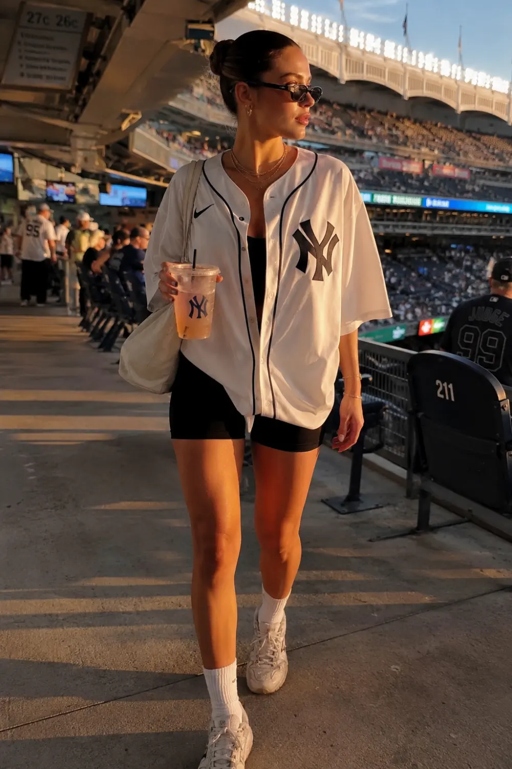 Woman wearing oversized New York Yankees jersey with black biker shorts, white crew socks, and chunky sneakers walking inside a baseball stadium during sunset with sporty chic MLB game-day fashion aesthetic.