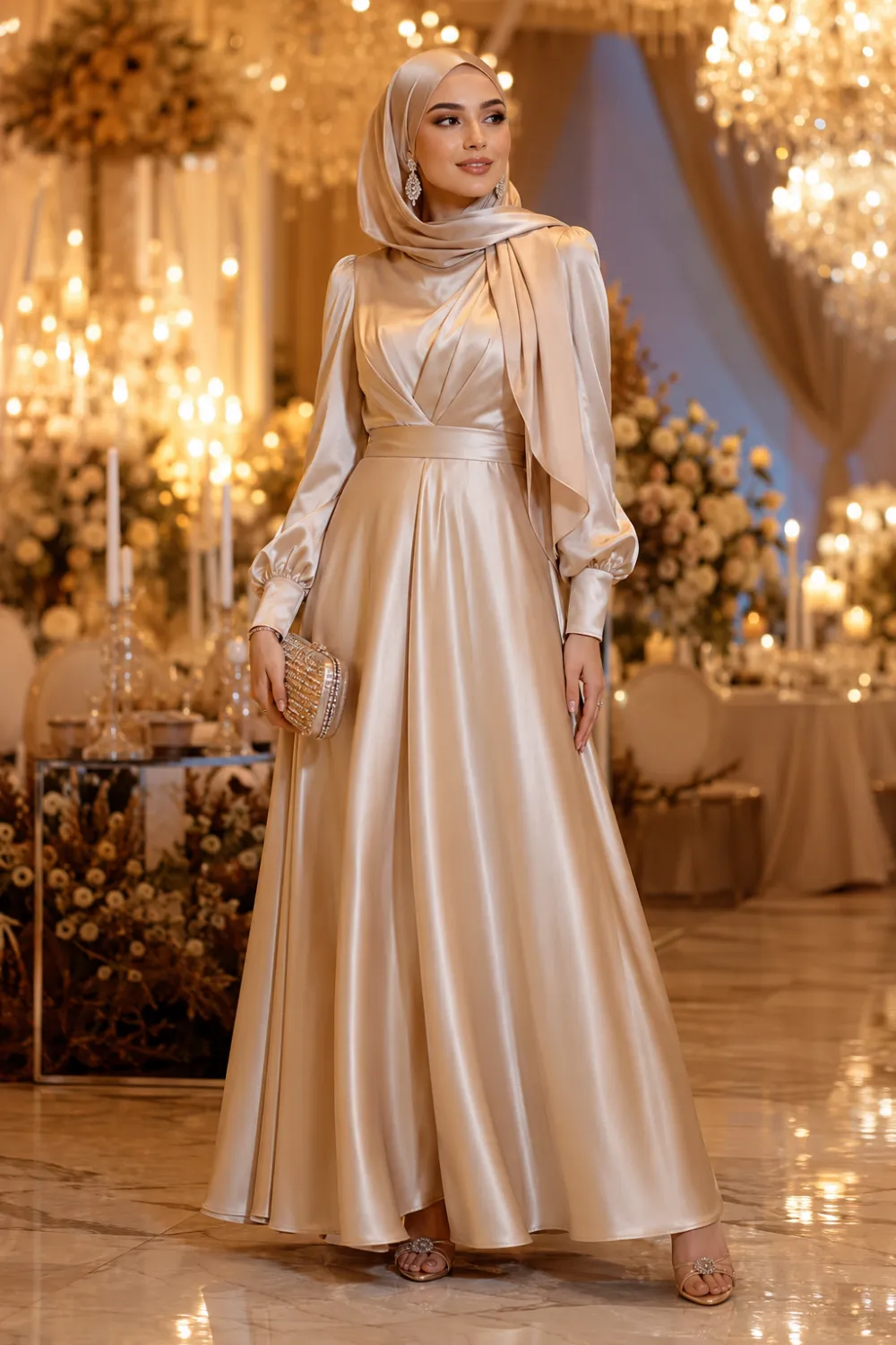 Beautiful young hijabi woman wearing a luxurious champagne satin maxi dress with a matching silk hijab at an elegant wedding venue. The modest evening outfit features flowing satin fabric, crystal earrings, nude heels, soft glam makeup, and a sparkling clutch bag surrounded by warm chandelier lighting and glamorous wedding décor.