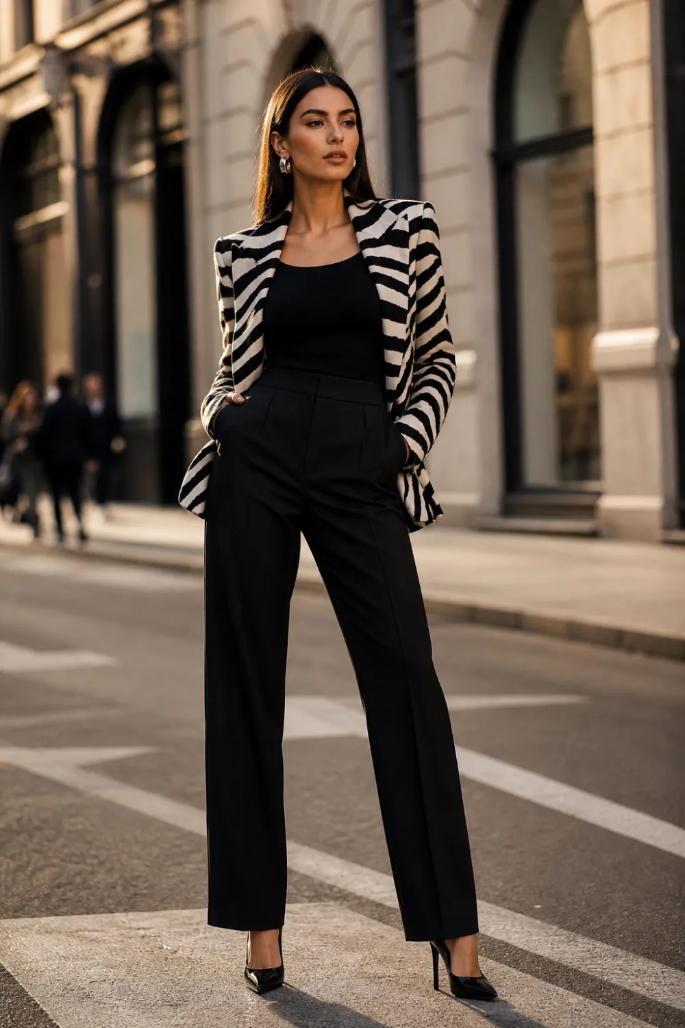 zebra print blazer outfit with black tailored trousers, fitted top and pointed heels, elegant female model street style fashion 2026 chic city look