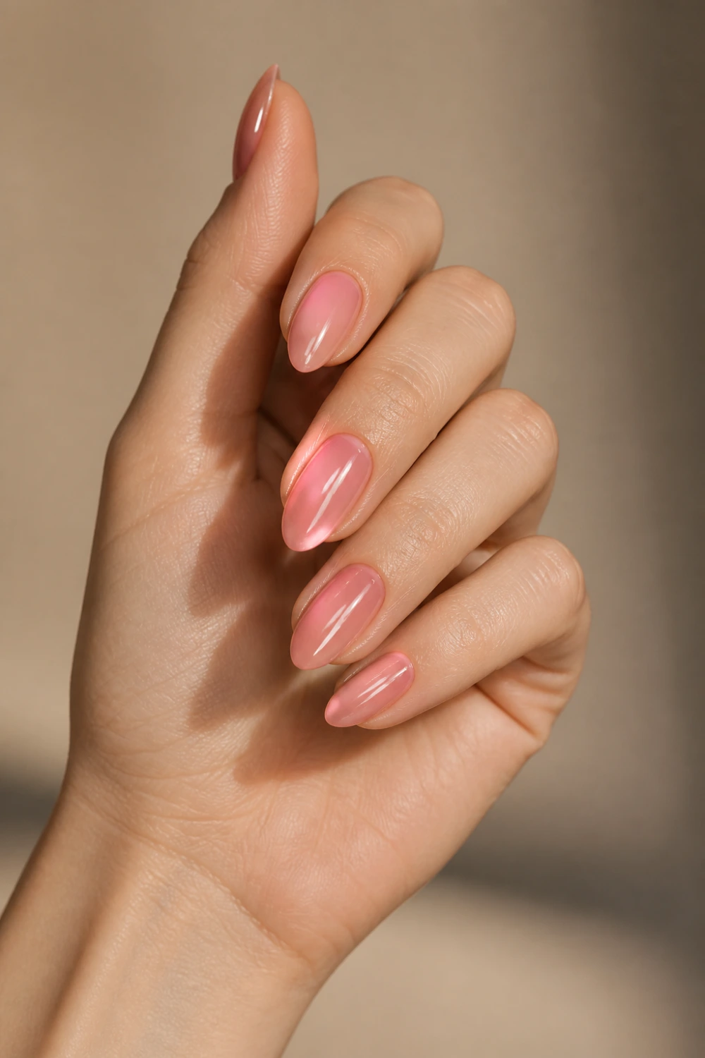 strawberry glazed nails glossy pink chrome almond shape soft aesthetic clean girl spring manicure shiny gel nails close up
