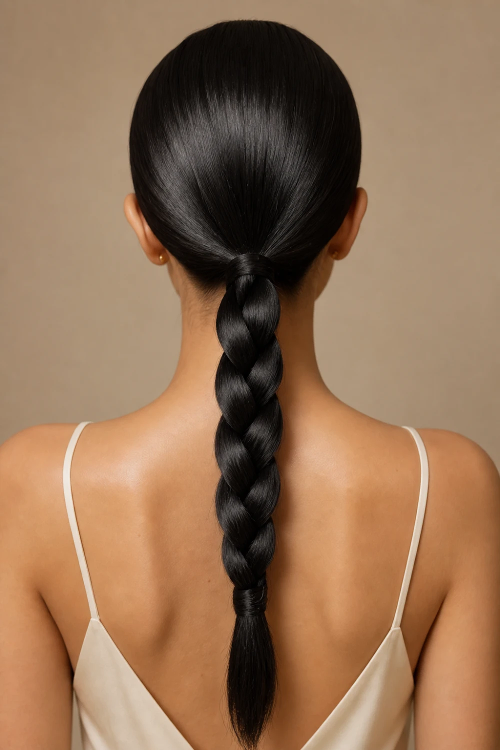 sleek classic three strand braided ponytail back view ultra smooth glossy black hair clean low ponytail elegant minimal hairstyle studio lighting