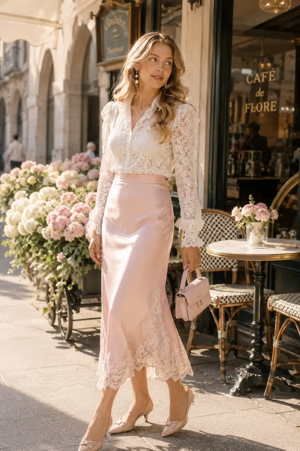Elegant woman wearing a blush pink satin lace slip skirt with a romantic white lace blouse, pearl earrings, and pointed heels while standing outside a luxury European-style café surrounded by soft floral décor, classy feminine Pinterest outfit inspiration for spring and summer fashion.